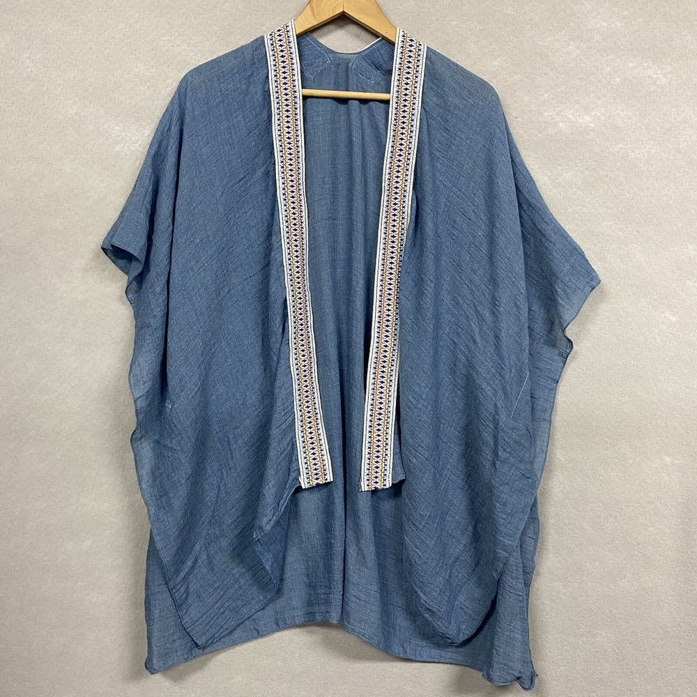 Unbranded Women OS Kimono Shawl Blue Embroidered Trim Boho Swimsuit Cover Up